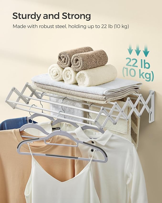 SONGMICS Clothes Drying Rack, Wall-Mounted Drying Rack Clothing, Small Accordion Laundry Rack, 9 Staggered Hanging Rods, Expandable and Retractable, Cloud White ULLR802W01
