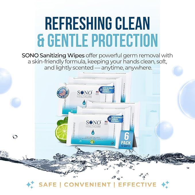 SONO Alcohol-Free Sanitizing Hand Wipes with Bergamot & Aloe Essential Oil - Hospital-Grade Disinfectant - Individually Wrapped Travel Size - 6 Packs of 20 - Gentle Cleaning & Germ Protection Anywhere