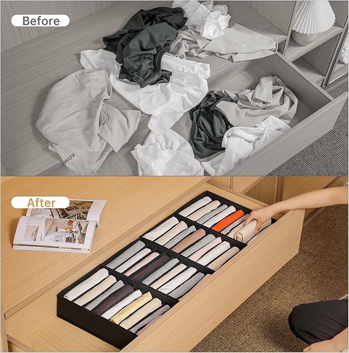 4 Packs T-shirt Drawer Organizers for Clothing,10 Grids Compartment Wardrobe Storage Box, Washable Clothes Organizer for Folded Clothes, T-shirt, Legging-Black
