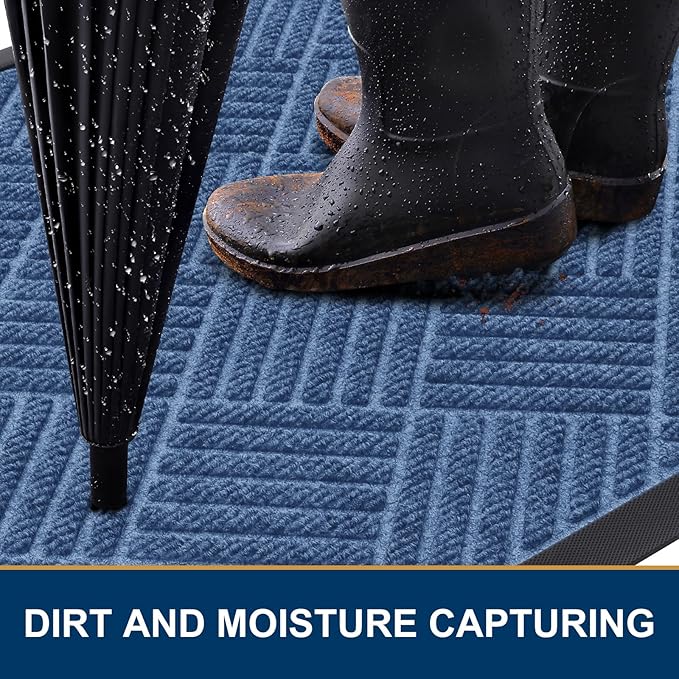 Smiry Front Door Mat Outside Entrance, Heavy Duty Outdoor Indoor Natural Rubber Doormat, Non Slip, Trap Dirt and Moisture, Easy Clean, Low Profile Patio Porch Entryway Mat, 29.5x17, Blue