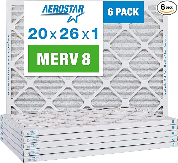 Aerostar 20x26x1 MERV 8 Pleated Air Filter, AC Furnace Air Filter, 6 Pack (Actual Size: 20" x 26" x 3/4")