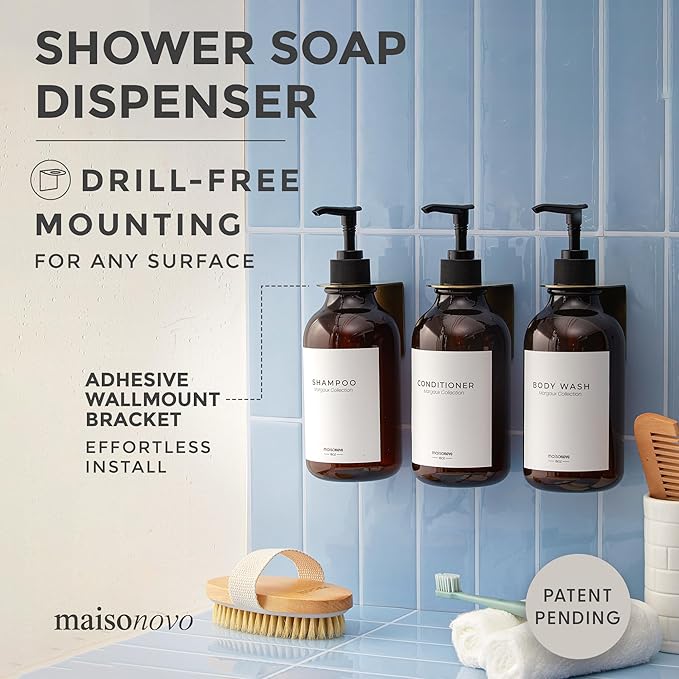 MaisoNovo Shampoo and Conditioner Dispenser - Shower Soap Dispenser Wall Mounted - 16.9 fl oz Set of 3 Amber Plastic Bottles Black Pump - 3 Chamber No Drill