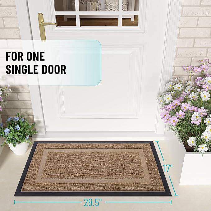 OLANLY Front Door Mat Indoor Outdoor Entrance, Waterproof All-Season, All-Weather Doormat, Sturdy Natural Rubber, Fade Resistant, Low Profile, Easy Clean Patio Porch Entryway Mat, 29.5x17, Light Brown