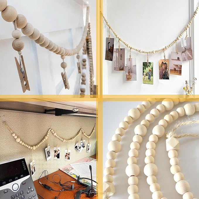 4 Feet Wooden Beads Garland with Clothespins Picture Cards Holder - Country Farmhouse Christmas Nursery Boho Holiday Decorations with Clips