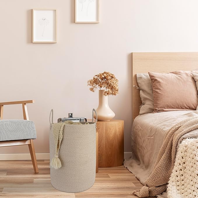 Cotton Rope Laundry Basket Hamper for Clothes Woven Storage Basket for Living Room Bedroom Boho Tall Rope Baskets for Blanket Toys Pillow Towels Baby Nursery Hamper Bin Large oatmeal