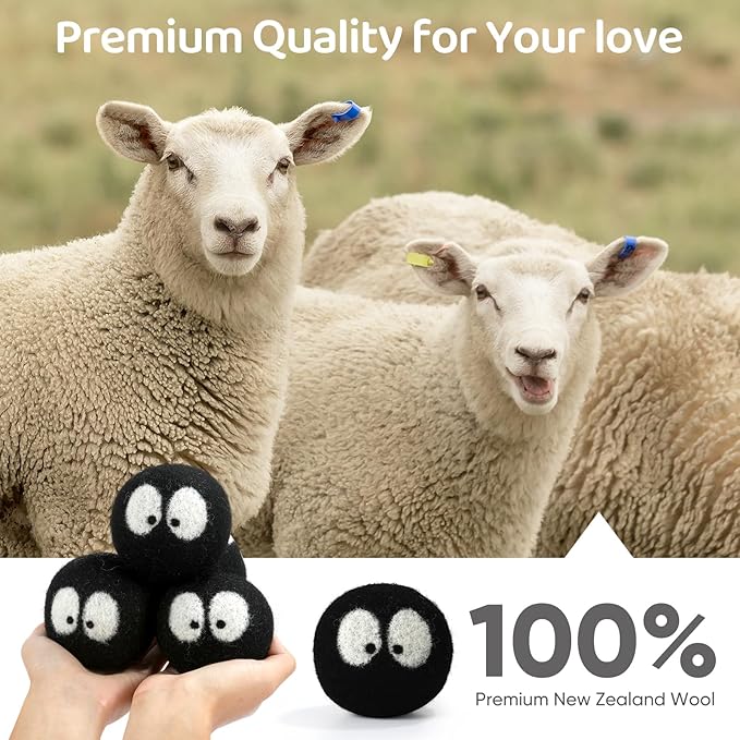 Wool Dryer Balls 6 Pack, Natural Fabric Softener, Dryer Balls Laundry Reusable, Reduces Clothing Wrinkles and Saves Drying Time (Black)