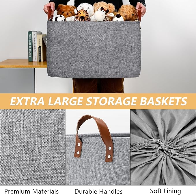 DULLEMELO Extra Large Grey Basket for Organizing, Collapsible Fabric Storage Basket with Handles, 70L Oversized Storage Bin, Large Closet Toys Blanket Organizer for Living Room, Laundry, Nursery