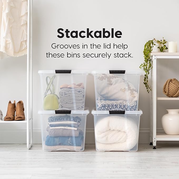 IRIS USA 72 Qt Stackable Plastic Storage Bins with Lids, 6 Pack - BPA-Free, Made in USA - See-Through Organizing Solution, Latches, Durable Nestable Containers, Secure Pull Handle - Clear