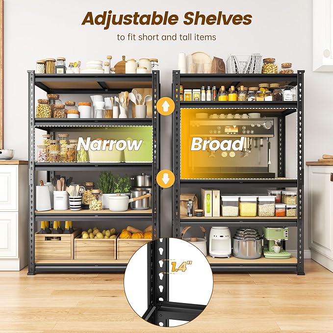 1980LBS Storage Shelves, 5-Tier Adjustable Pantry Shelves, Metal Shelving Unit for Kitchen, Pantry, Closet, Laundry, Garage, 59.8" H x 27.55" W x 11.81" D