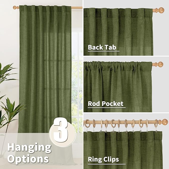 YoungsTex Olive Green Linen Curtains 80 Inch Length for Living Room, Semi Sheer Window Drapes with Rod Pocket Back Tab Light Filtering Decorative for Office Bedroom, 2 Panels, 52 X 80 Inch