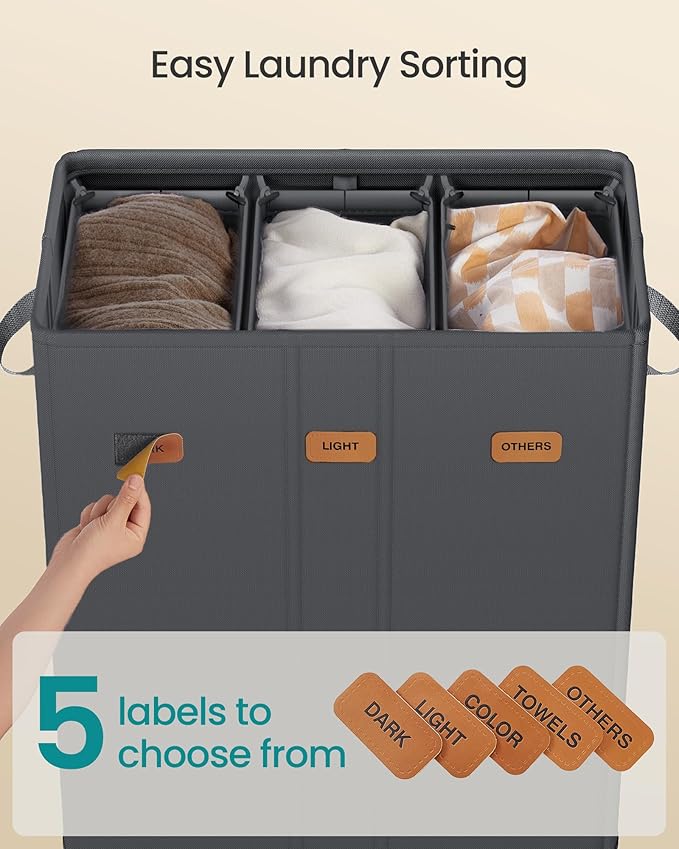 SONGMICS 42.2 Gallon (160 L) Laundry Hamper, 3-Compartment Laundry Basket Sorter with Lid, Labels, Removable Liner Bags, for Bedroom, Dark Gray URLH013G01