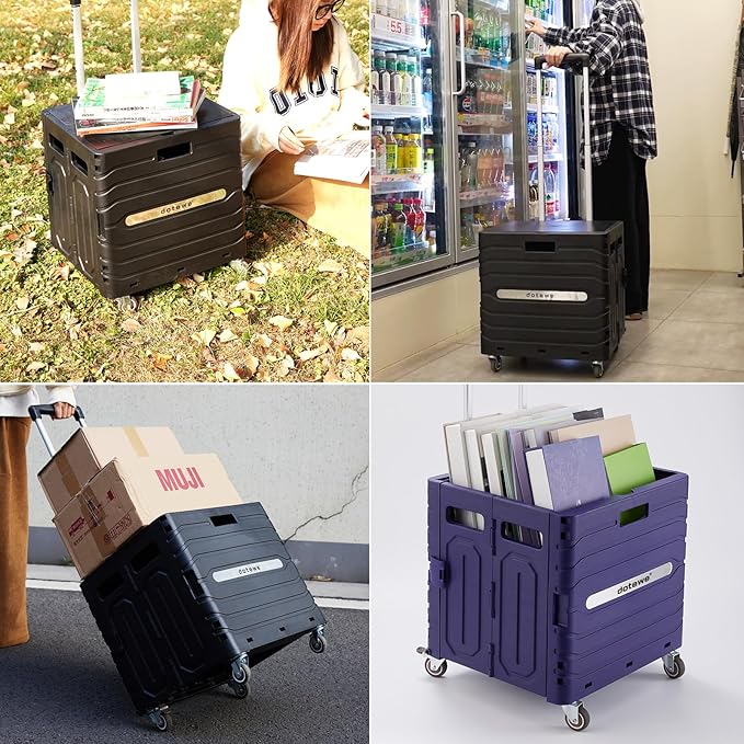 Folding Utility Cart Black Portable Rolling Crate Handcart Foldable Shopping Trolley Collapsible, with Lid, on Wheels, for Grocery, Garden, Office, Storage, Teacher, Tool (Black)