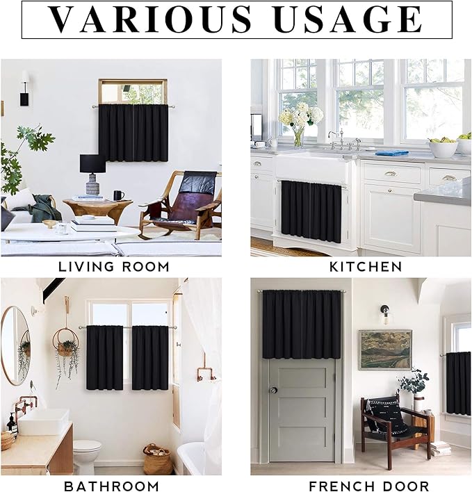 RYB HOME Short Kitchen Window Curtains 30 inches, Blackout Curtains for Girls Bedroom Heavy Duty Privacy Draperies for Camper RV Bathroom, W42 x L 30 inches, Black, 2 Panels