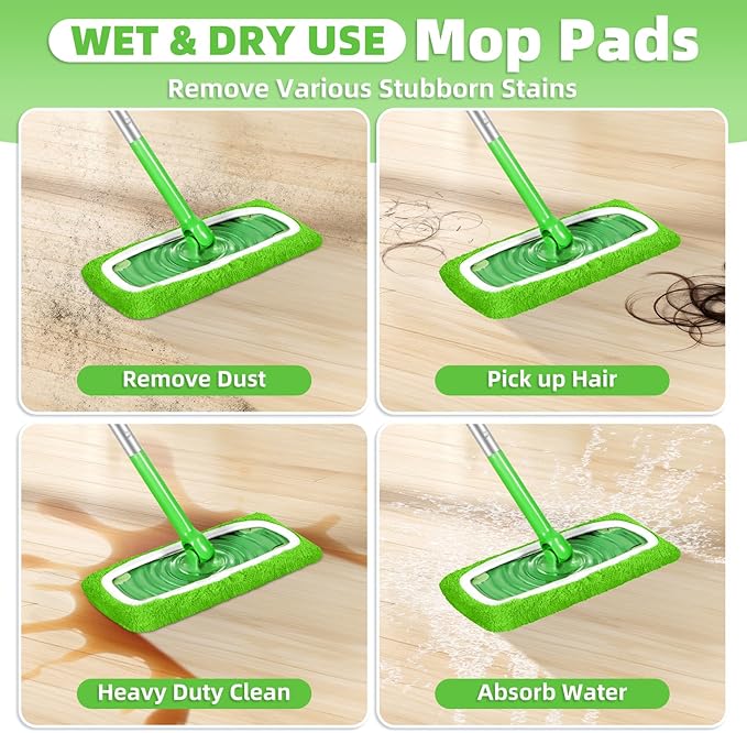 Reusable Dry Sweeping Cloths Microfiber Wet Pads Refill Compatible with Swiffer Sweeper Mop, Machine Washable Sweeping Mop Pads for Use on All Sealed Floors - Stone, Hardwood, Laminate & Tile (Green)