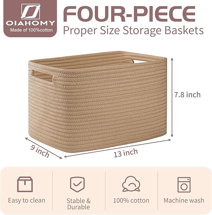 OIAHOMY 4 Pack Storage Baskets for Organizing, Cube Storage Bins for Shelves, Rectangle Storage Baskets With Handles, Woven Baskets for Storage, 12.7''Lx9''Wx7.8''H, Yellow