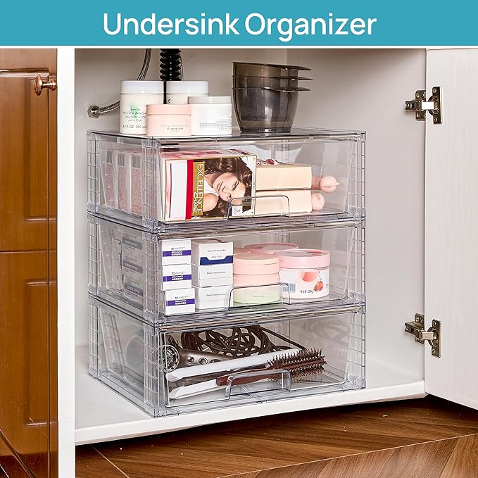 Vtopmart 4 Pack Large Stackable Storage Drawers,Easily Assemble Acrylic Bathroom Closet Undersink Organizers and Storage,Plastic Storage Bins for Kitchen Cabinets,Pantry,Makeup,Medicine Organization