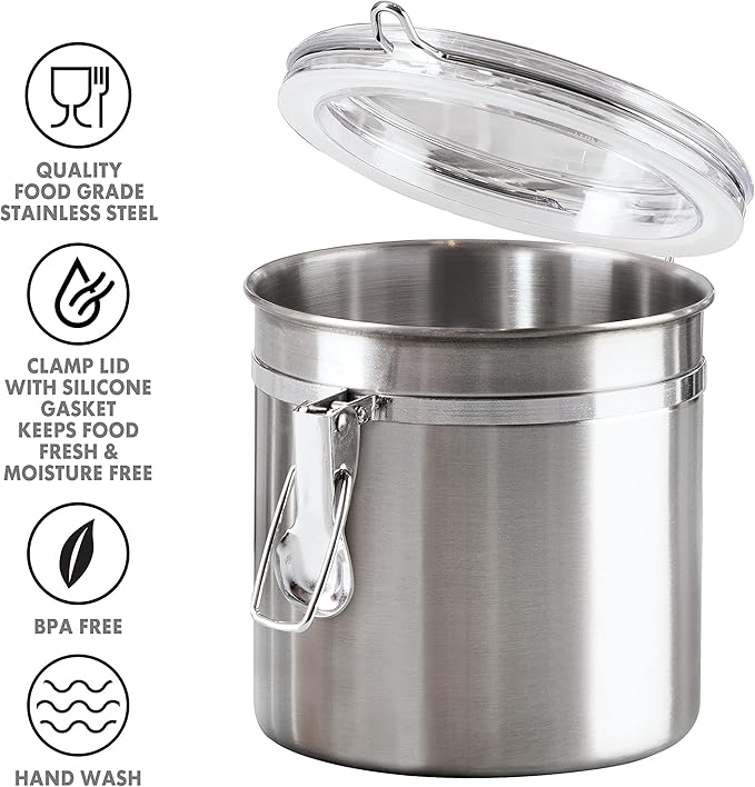 Oggi 36-Ounce Stainless Steel Canister with Clear Acrylic Lid and Locking Clamp