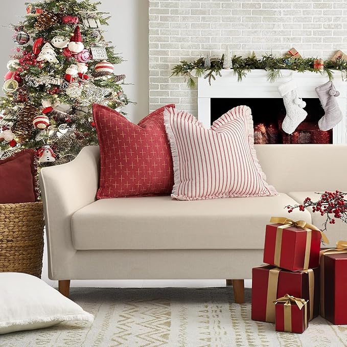 ZWJD Christmas Pillow Covers 16x16 Set of 2 Soft Polyester Textured Pillows with Stylish Flange Edge Cozy Farmhouse Christmas Decor for Couch Bed Sofa Living Room (Red)
