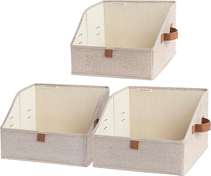 StorageWorks Closet Storage Bins, Trapezoid Organizer Box for Shelves, Fabric Clothes Bin, Foldable Organizing Baskets with Handles, Small, Brown and Beige, 3-Pack