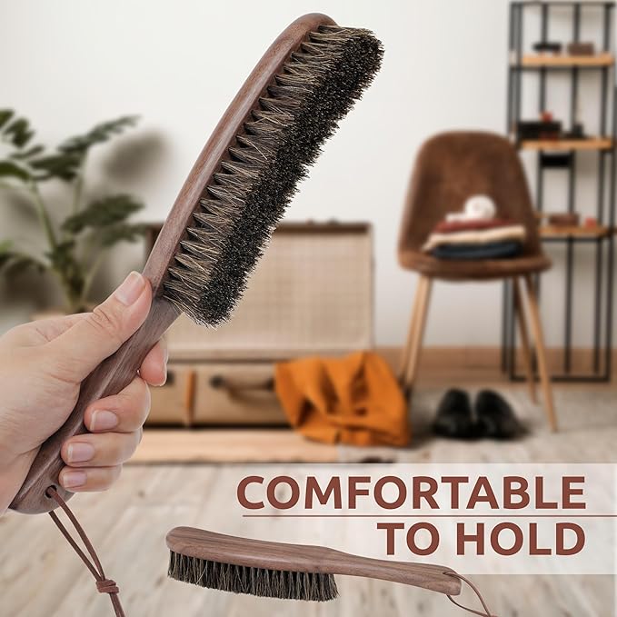 Lint Brush for Clothes with 100% Soft Horse Hair Bristle, Large Walnut Wood Handle, Lint Remover for Hat, Pet Hair, Suits, Cashmere, Wool, Velvet, Suede, Shoe