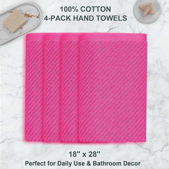 VOOVA & MOVAS Bathroom Hand Towels Set of 4, Large 18"x28" - 100% Cotton | Quick Dry | Light Weight | Thick | Soft | Absorption, Luxury Hand Towels for Showering, Hot Pink Bathroom Decor