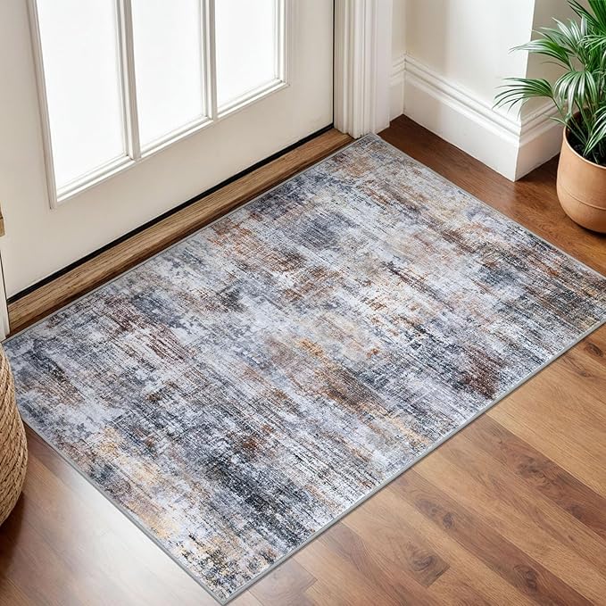 IOHOUZE Small Abstract Area Rug 2x3 Ft Entryway Rugs Washable Door Mat Indoor Entrance, Rubber Backed Throw Rugs, Printed Faux Wool Non Slip Floor Carpet for Foyer Front Door Sink, Orange Grey