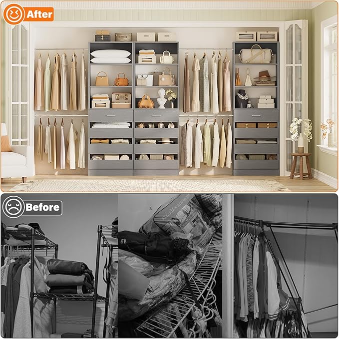 Aheaplus Closet System with 12 Drawers, 8.5-11.5Ft Wood Closet Organizer System with 4 Hanging Rods & 3 Towers, 4Ft & 6Ft L-Shaped Walk-in Closets Wardrobe Organizer Clothes Rack, Set of 3, Grey