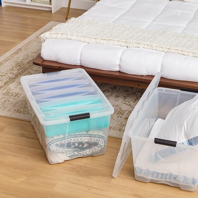 IRIS USA 94 Qt Stackable Plastic Storage Bins with Lids, 4 Pack - BPA-Free, Made in USA - See-Through Organizing Solution, Latches, Durable Nestable Containers, Secure Pull Handle - Clear