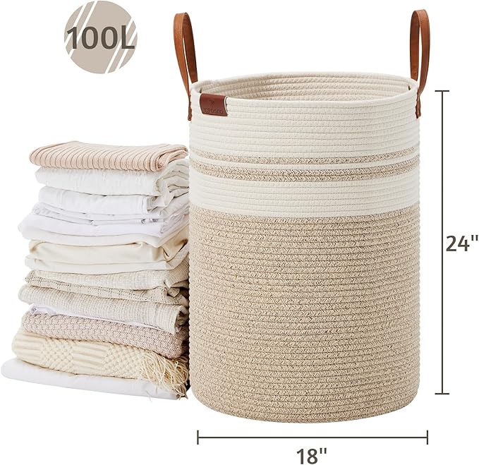 VIPOSCO Tall Laundry Basket, Large Dirty Clothes Hamper with Leather Handle, Woven Rope Storage Basket for Blanket, Toy In Living Room, Bathroom, Bedroom - 100L Brown & White