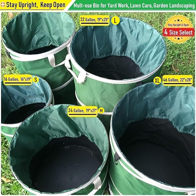 46-Gallon Collapsible Trash Can (22x28 in) Hard-Shell Bottom Yard Garden Bag for Yard Waste,Debris Container,Pop-Up Recycling Bin,Camping Waste Bag,Laundry Hamper,Lawn Grass,Leaf Bag,Sods,Weeds Barrel