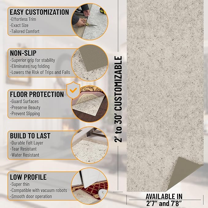 Ottomanson 2'7" x 12' Non-Slip Rug Pad Gripper 1/12 Inch Ultra Thin Dual Surface Felt + Rubber Gripper - Safe for All Floors, Cream