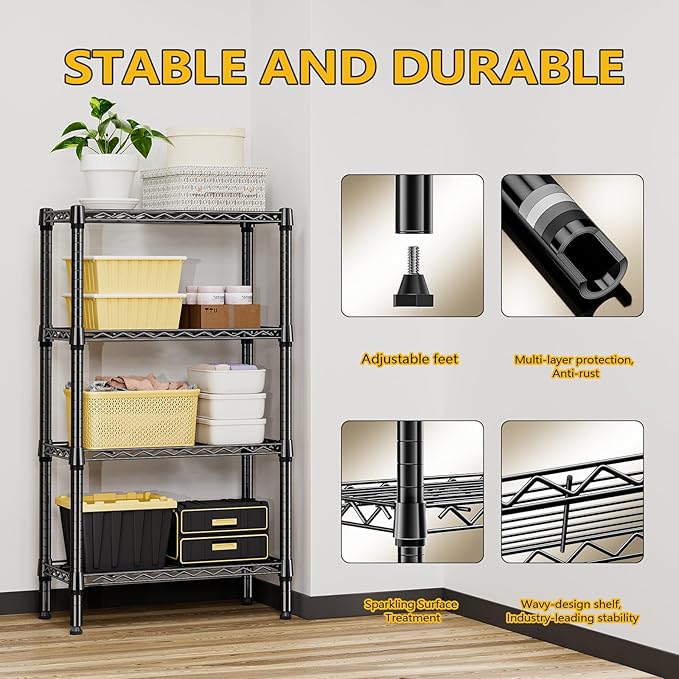 1000 lbs 4 Tier Shelf Metal Storage Shelves Wire Rack Closet Organizers for Garage Kitchen Bathroom Laundry Black 11.8" D x 25.6" W x 45.5" H