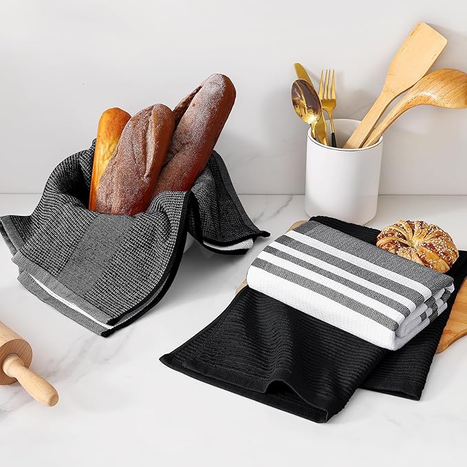 Homaxy Premium Kitchen Towels(18”x 28”, 3 Pack), Large Cotton 380 GSM Kitchen Hand Towels, Soft and Absorbent Terry Dish Towels, Multipurpose Tea Towel Set with Hanging Loop, Black