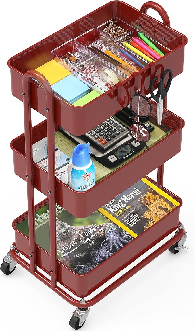 Simple Houseware 3-Tier Heavy Duty Metal Utility Rolling Cart, Red