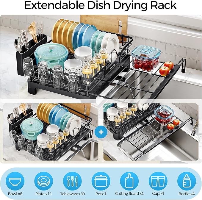 Extendable Dish Drying Rack, 2 in 1 Multifunction Dish Rack for Kitchen Counter, Expandable Dish Drainer Over Sink, Large Plate Strainer with Drainboard & Cups Holder