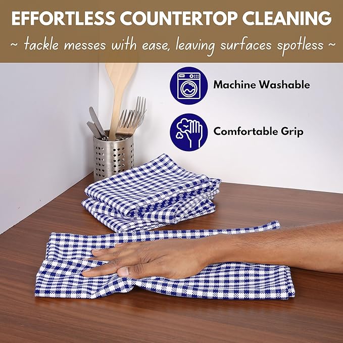 Native Fab Gingham Dish Towels 16x26 inches Set of 4 - Absorbent Washable Dishcloths, Dish Towels for Quick Drying Dishes, Kitchen Hand Towels with Hanging Loop, Blue White