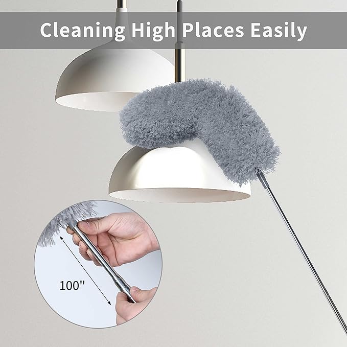 BOOMJOY Microfiber Feather Duster with 100 inches Extension Pole, Dusters for Cleaning High Ceiling, Fan, Blinds, Furniture, Dark Grey