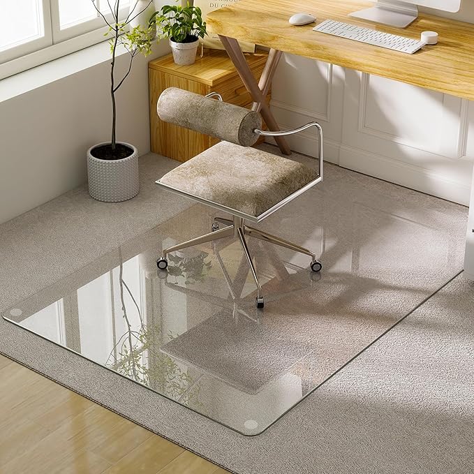 GLSLAND 54"x32" Tempered Glass Chair Mat Heavy-Duty Floor Protector for Carpet & Hard Floors Scratch-Resistant Office Computer Desk Mats Clear