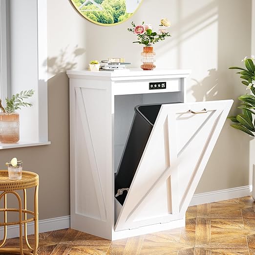 Betterhood Tilt Out Trash Can Cabinet, Hidden Trash Bin with Deodorizing & Negative Ion System, Pet-Proof Kitchen Waste Cabinet for Kitchen, Dining Room, Living Room (White, 1 * 10 Gallons)