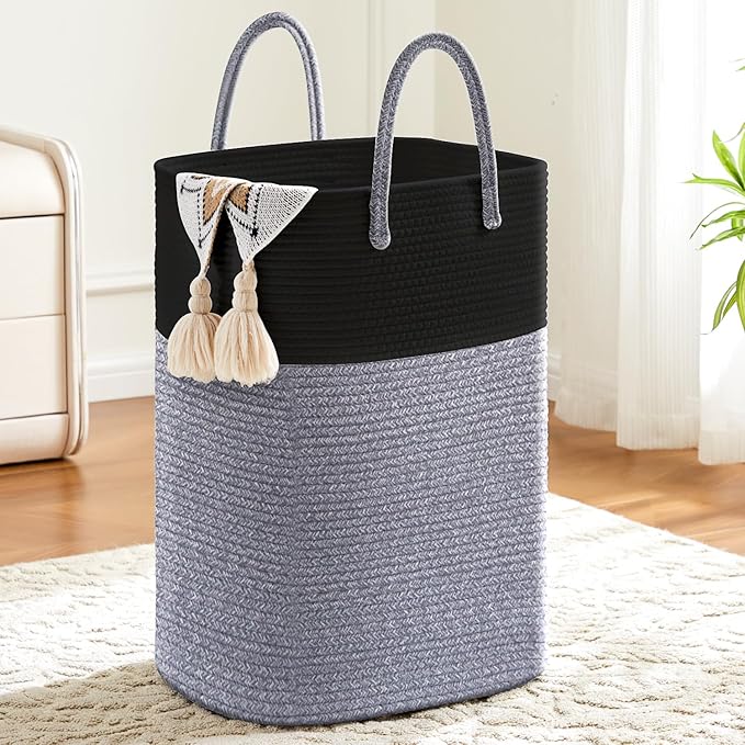 Laundry Basket,Woven Cotton Rope Laundry Hamper,Versatile Storage for Dirty Clothes,Baby Toys,and Blankets in Bathroom, Nursery,and Living Room (Black, 80L)
