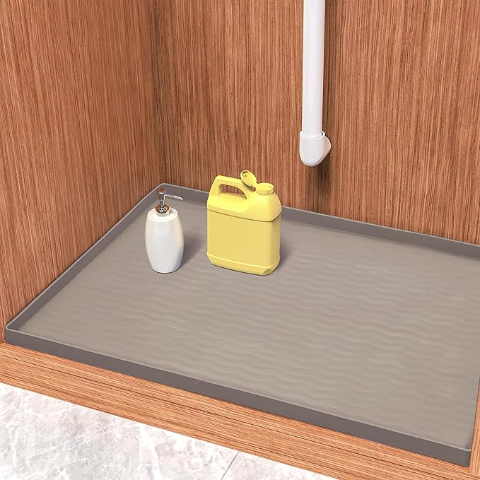 URMONA Waterproof Silicone Under Sink Mat 22'' x 22'' Shelf Liner for Kitchen and Bathroom, Cabinet and Counter Protector, Storage and Organizers, Litter Mat, Pet Cat Puppy Essentials(Beige)