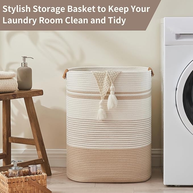 Laundry Basket with Handles - Blanket Basket & Hampers for Bedroom Aesthetic, Laundry Hamper & Blanket Storage for Living Room, Clothes Hamper, Tall, Large 17" x 14" x 22”, Off-white