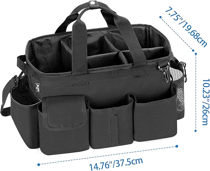 LoDrid Large Wearable Cleaning Caddy Bag with Detachable Divider, Cleaning Supply Tote with Handles, Organizer with Adjustable Shoulder Strap for Cleaners & Housekeepers, Black