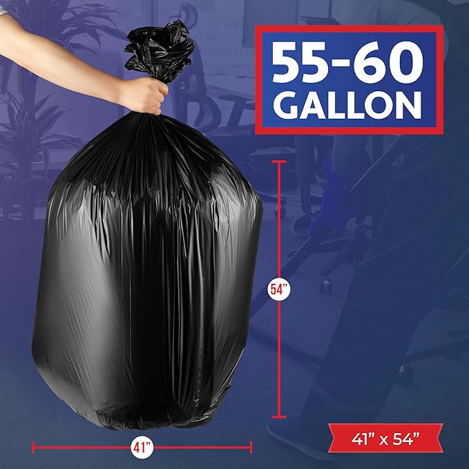 55-60 Gallon Trash Bags Heavy Duty - Bulk 150 Pack Large Garbage Bags - Big Black Commercial Trash Can Liners - Made In USA
