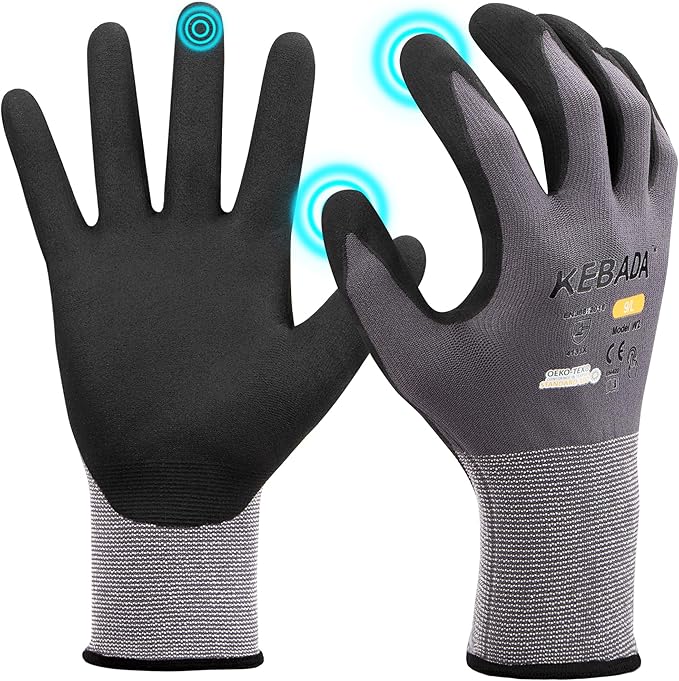 Kebada W2 Safety Work Gloves, Micro-Foam Nitrile Coated Gloves, Touchscreen,Ideal for Package Handling, Gardening, Construction, 1 Pair XX-Large