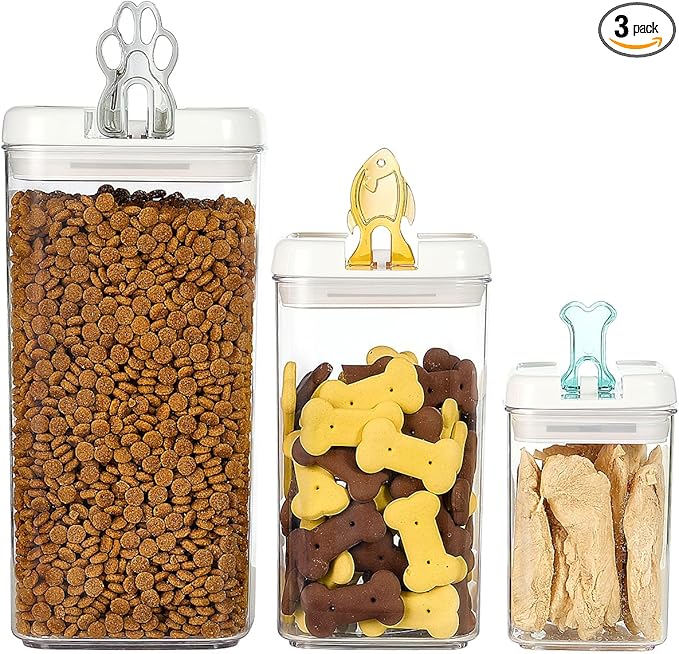 Felli Flip Tite Pet Food Container with Airtight Lids, BPA FREE Acrylic Canister with Paw Bone Fish Flip Top Handles for Cat Dog Kibble Treats Storage, Keep Fresh (Pet Collection Nest-L3pk)