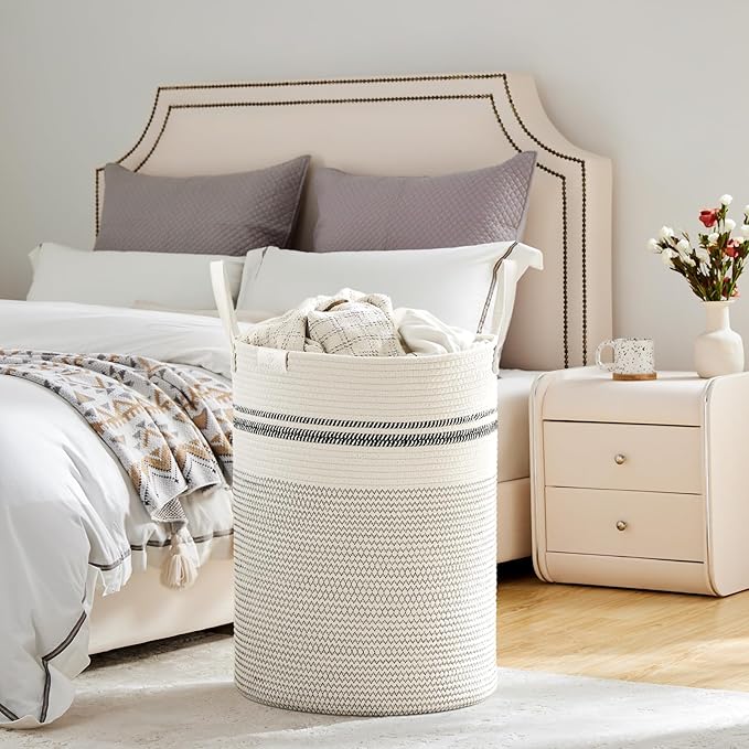VIPOSCO Tall Laundry Basket, Large Dirty Clothes Hamper with Leather Handle, Woven Rope Storage Basket for Blanket, Toy In Living Room, Bathroom, Bedroom - 100L Stripe White