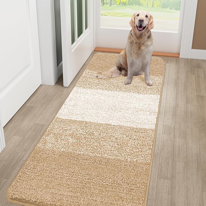 Kitinjoy Indoor Outdoor Door Mat, 48x30 Non-Slip Absorbent Dirt Trapper, Low-Profile Washable Inside Entrance Front Floor Mat, Sturdy Soft Entry Doormats for Entryway, Beige