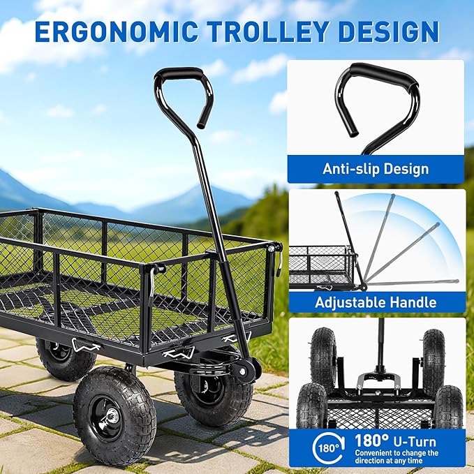 Yesker Steel Garden Carts - 800lbs Dump Wagon with All Terrain Inflatable Wheels for Yard Lawn Farms Gardening - Heavy Duty Utility Outdoor Hauling Wheelbarrow