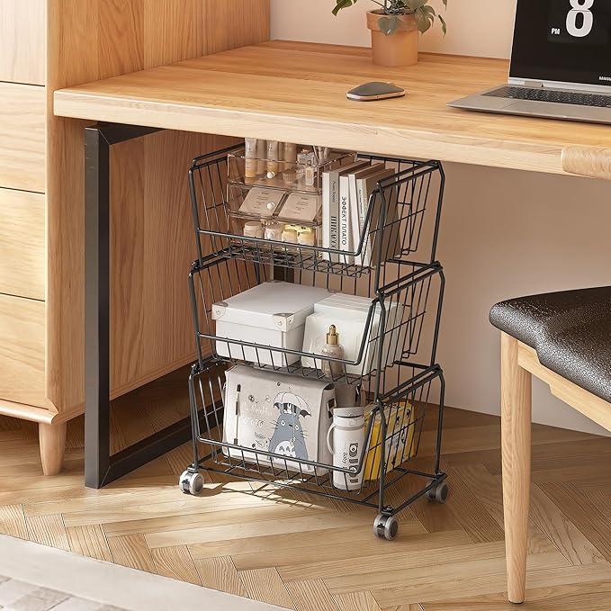 PUSDON Stackable Metal Storage Carts, Dual Use Shelf for Kitchen Fruit Vegetable Baskets with Wheels, Storage Rack for Living Room, Home & Office, Standard Black 4 Tiers